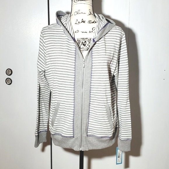 I Active - Gray & White Stripes Jacket Neutral Minimalist Zip front New! Sz.L - Picture 1 of 5